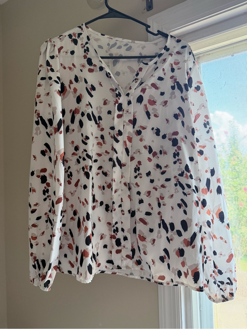 2 for $15 Women's White Printed Long-Sleeve Blouse – Multi-Color Abstract Spot